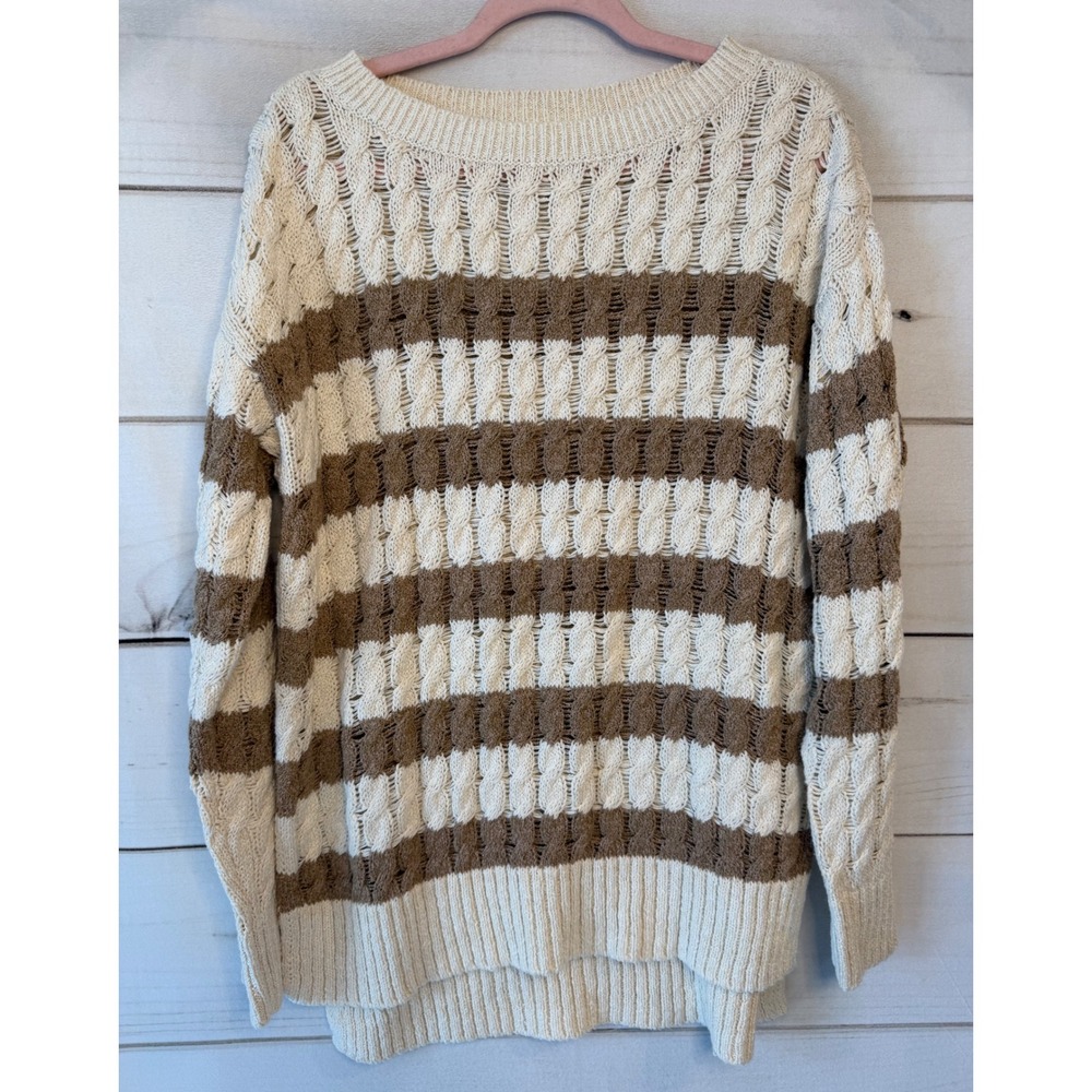 Pilcro Anthropologie Striped Open Cable Knit Sweater Cream Tan XS